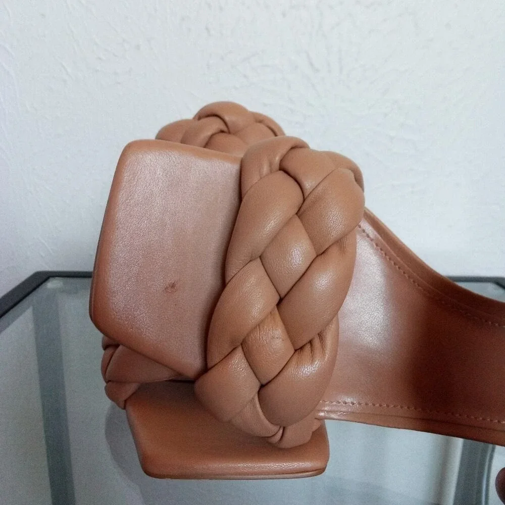 Marc Fisher leather Sandals braided strap size 8.5 Nude Neutral Brown Heels NWT‎